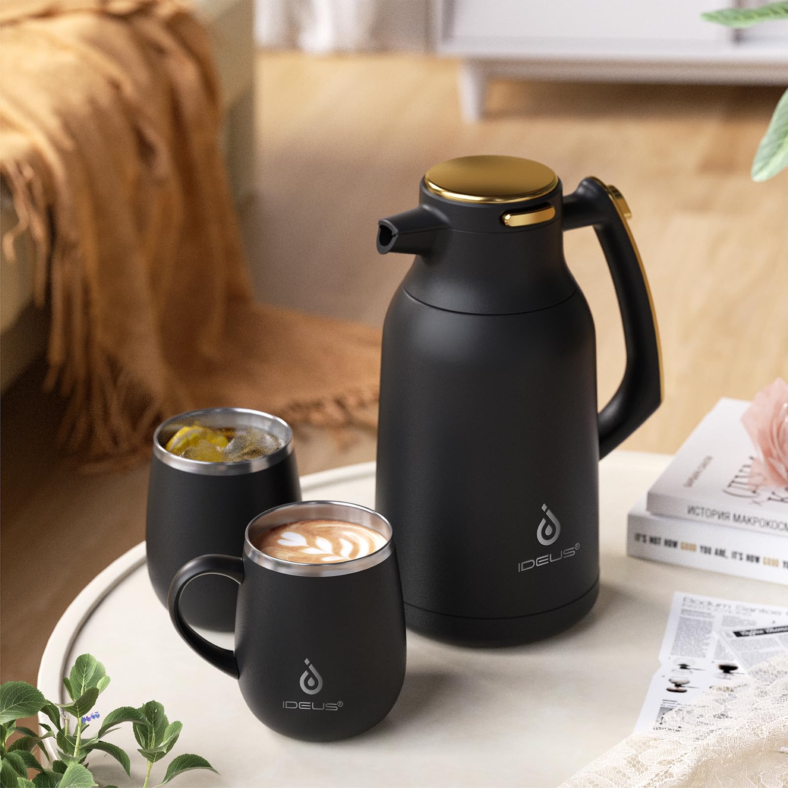 IDEUS Thermal Coffee Carafe, Stainless Steel Double Wall Insulated Vacuum Flask, Water Jug Coffee Server and Beverage Dispenser, Heat and Cold Retention (Black-Gold, 68, Fluid Ounces)