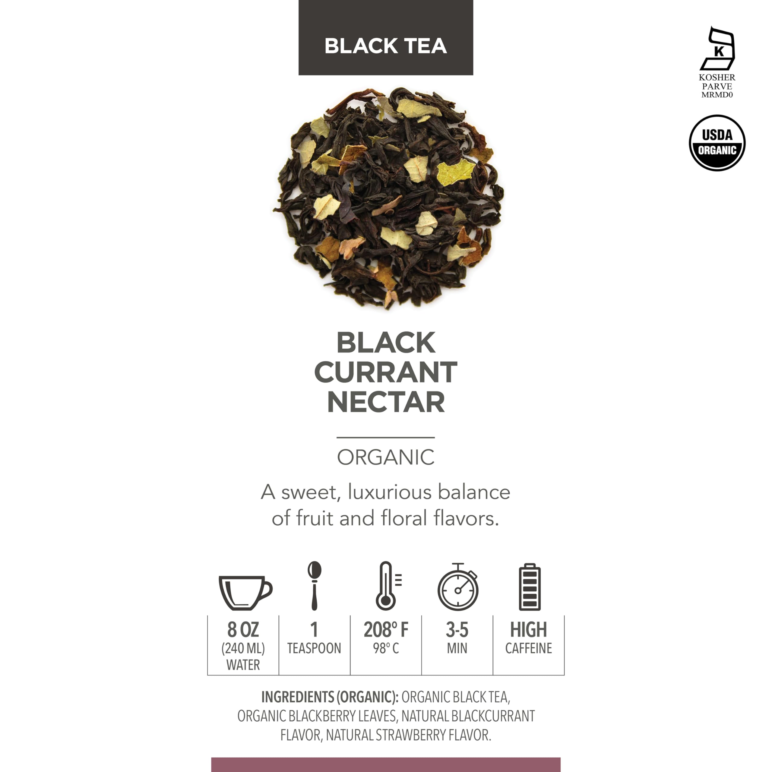 Teabloom Organic Black Tea, Black Currant Nectar Loose Leaf Tea, USDA Certified Organic, 2.82 Ounce Loose Leaf Tea Canister Makes 35-50 Cups