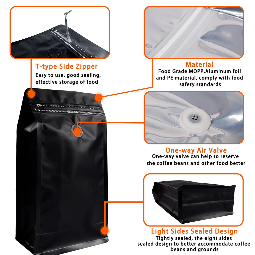 Coffee Bags with Valve (50 PCS,8oz/0.5lb) Black High Barrier Aluminum Foil Flat Bottom Standing Coffee Beans Storage Packaging Bags, Reusable Heat Seal Side Zipper Pouches for Small Business and Home