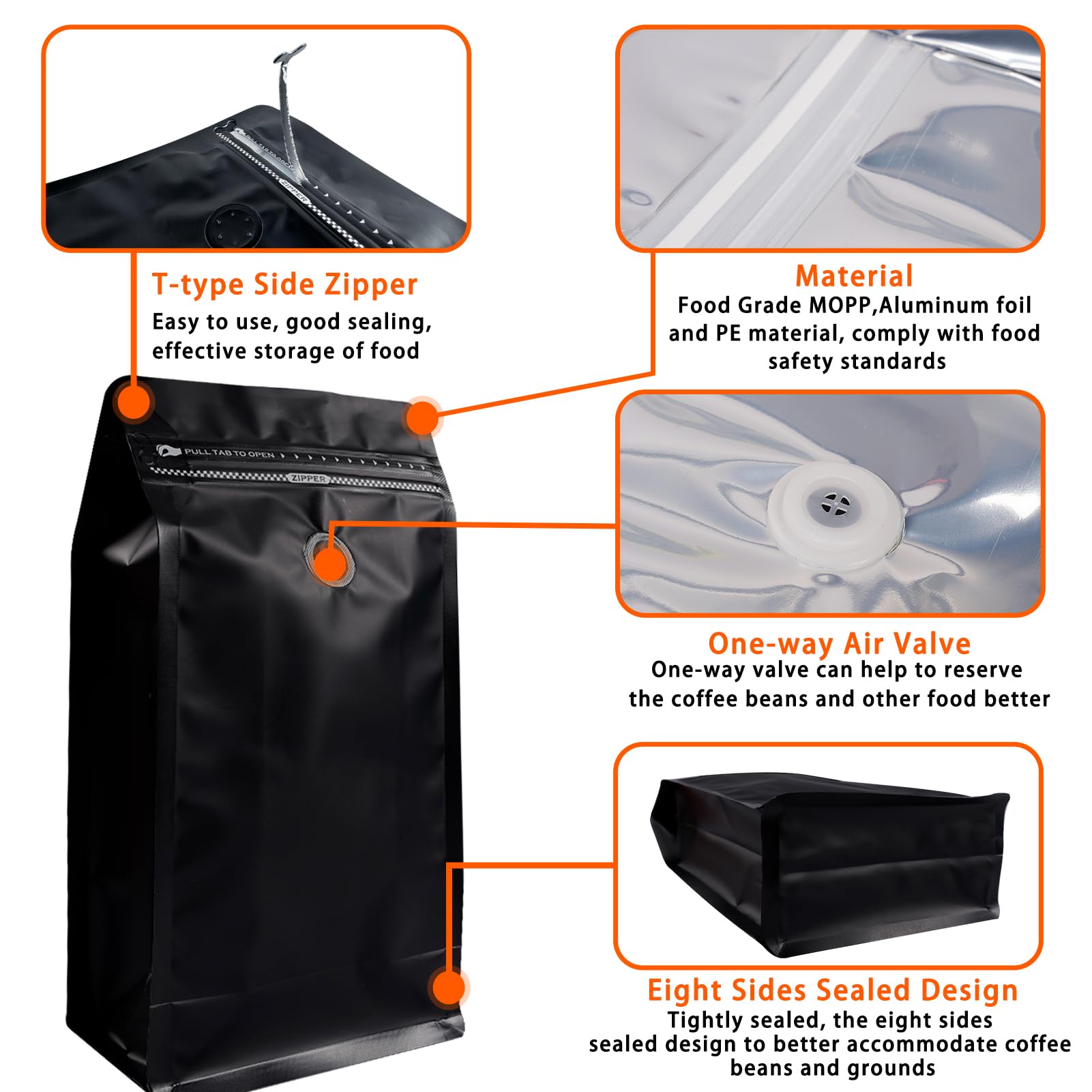 Coffee Bags with Valve (50 PCS,8oz/0.5lb) Black High Barrier Aluminum Foil Flat Bottom Standing Coffee Beans Storage Packaging Bags, Reusable Heat Seal Side Zipper Pouches for Small Business and Home
