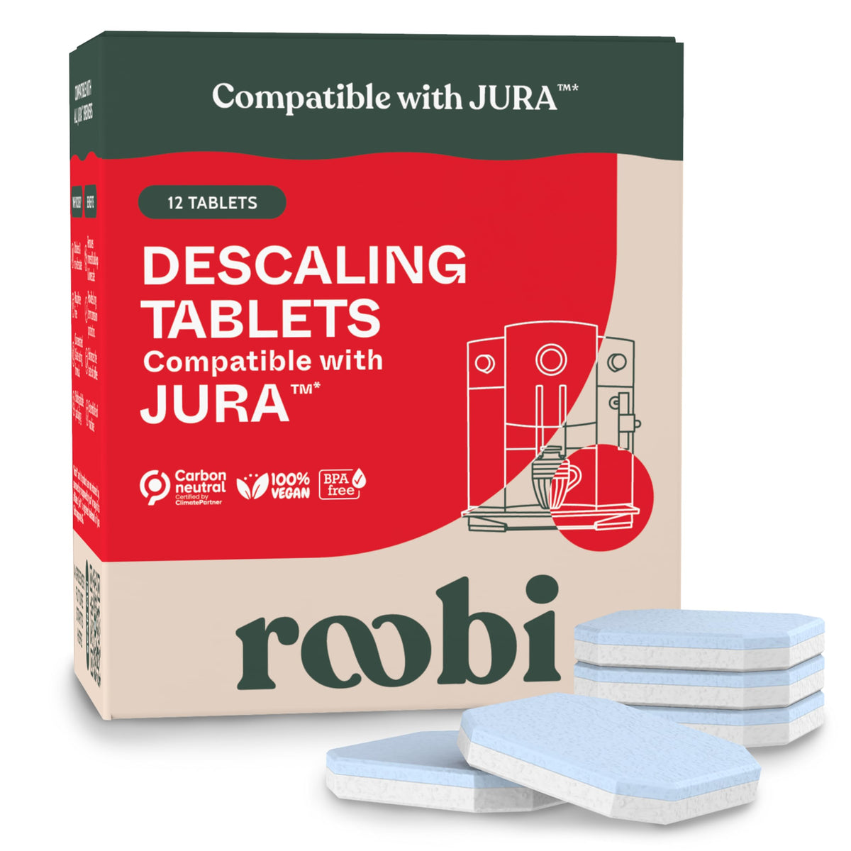 Roobi Jura Compatible Descaling Tablets. 12 Jura Descaling Tablets for Automatic Espresso Coffee Machines. 100% Vegan, Carbon Neutral.