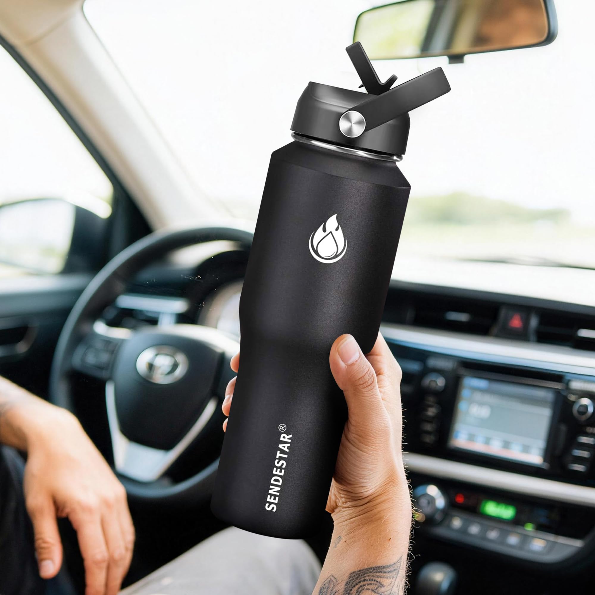 SENDESTAR Water Bottle 32oz,2 Lids(Straw lid),Wide Mouth Stainless Steel Vacuum Insulated Double Wall Keep Liquids Cold or Hot All Day,Sweat Proof Sport Design,Fit Car Cup Holder(Black)