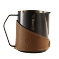 CUFEJORO Milk Frothing Pitcher 450ml/16oz 304 Stainless Steel Espresso Steaming Pitcher with PU Leather, Milk Frothing Jug,milk frother cup,Milk Jug Cup,Premium Barista Tools,Latte Art (Black,20oz)