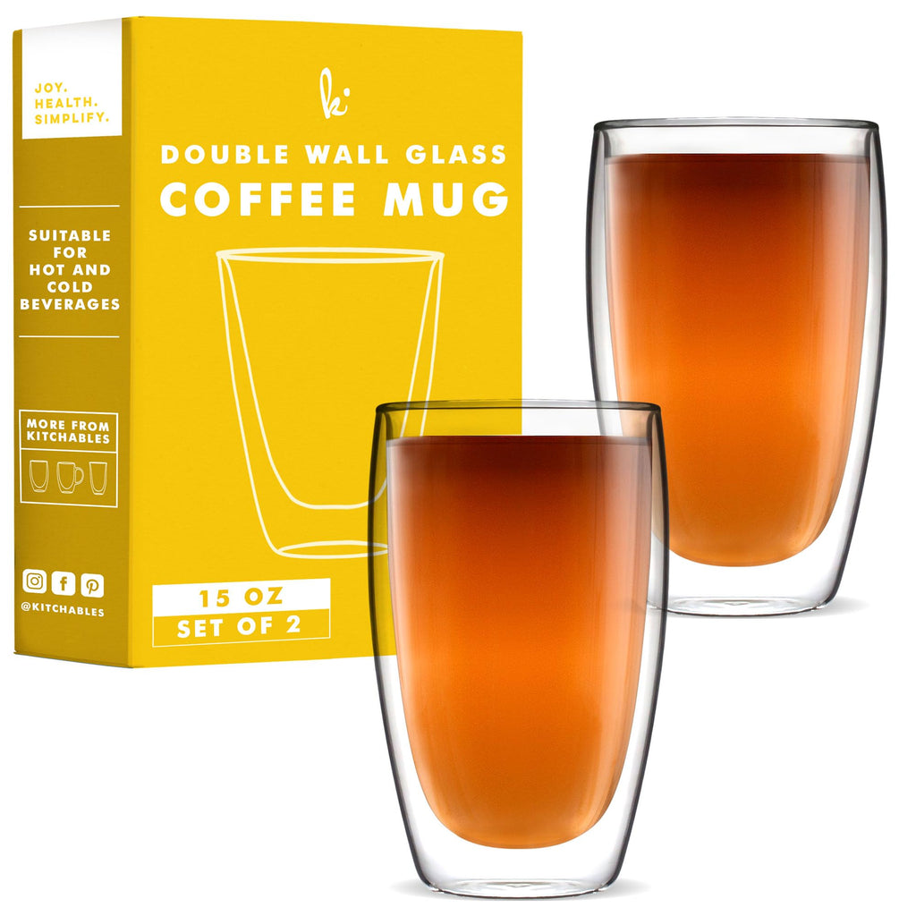 Kitchables Double Walled Glass Coffee Mugs Set of 2, 15oz Insulated Glass Coffee Mugs for Cappuccino, Latte, Tea, Espresso - Latte Cup - Tazas Para Cafe
