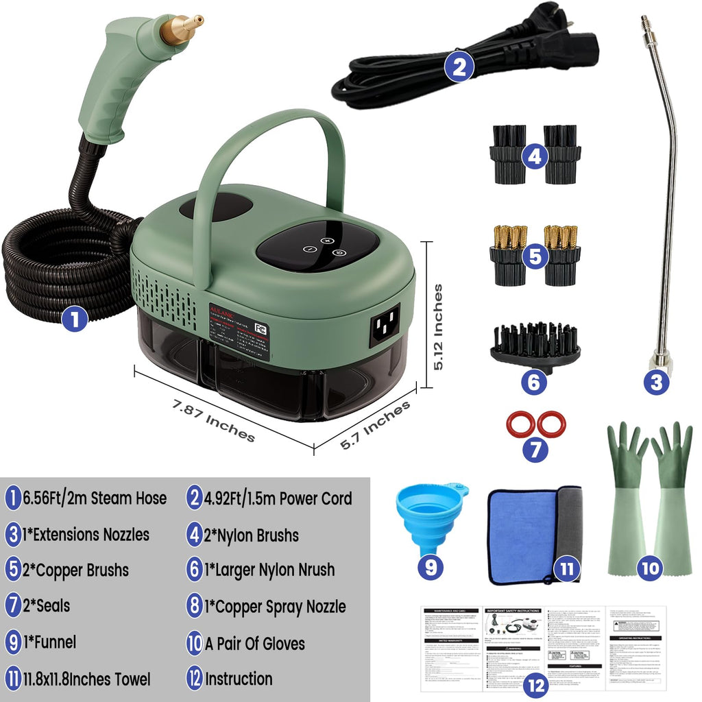 Steam Cleaner, Portable Pressurized Steamer for Cleaning with 14pcs Accessories, 6-Level Adjustable and 15s Heat-Up, Handheld Steam Cleaner for Home, Tile, Dirt, Grout, Grease, Car Detailing(7-Green)