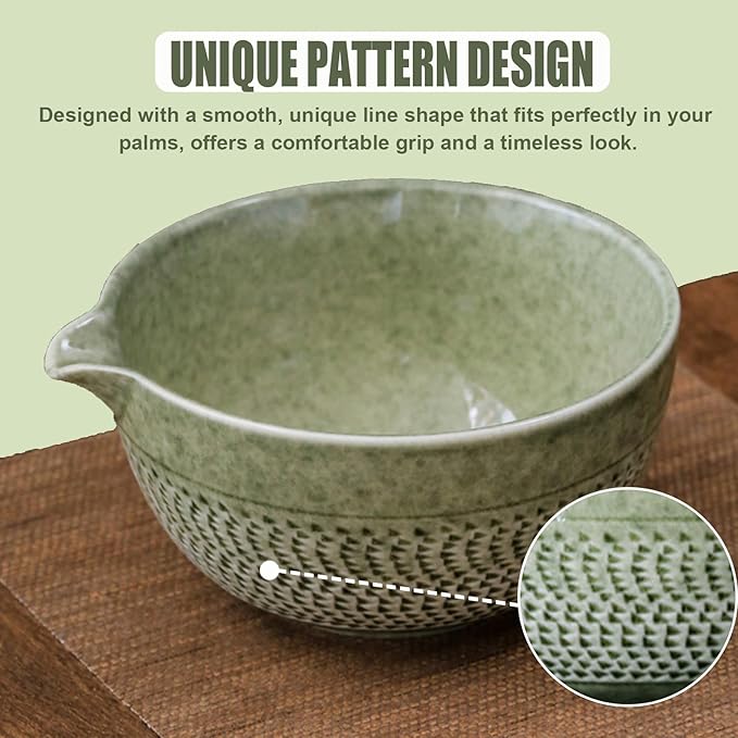 Ceramic Japanese Style Matcha Bowl Whisk Holder Temperature Resistant Braid Textured Matcha Tea Bowl Set With Spout for Trip (Light Green)