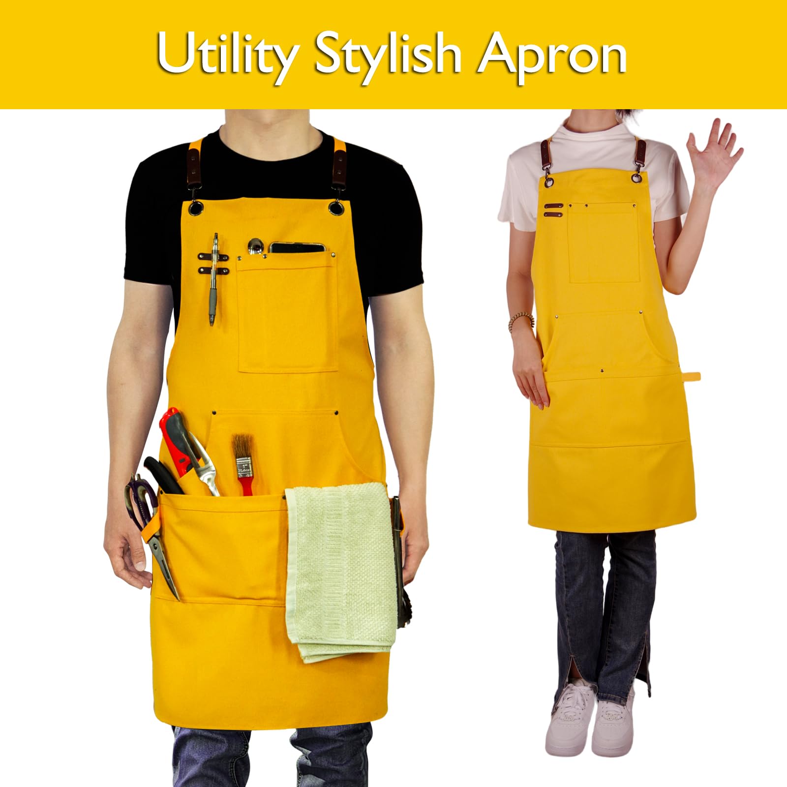 Stenffy Kitchen Apron, Work Apron, Canvas Apron, Yellow