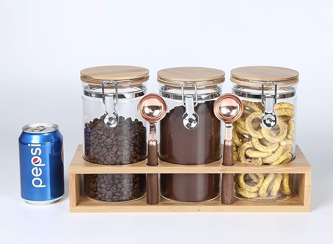 KKC Glass Airtight Coffee Bean Storage Containers for Counter,Ground Coffee Holder Jars,Airtight Glass Countertop Storage Jar Canisters with Spoon for Coffee,Loose Tea,40 Fluid-oz,Pack of 3
