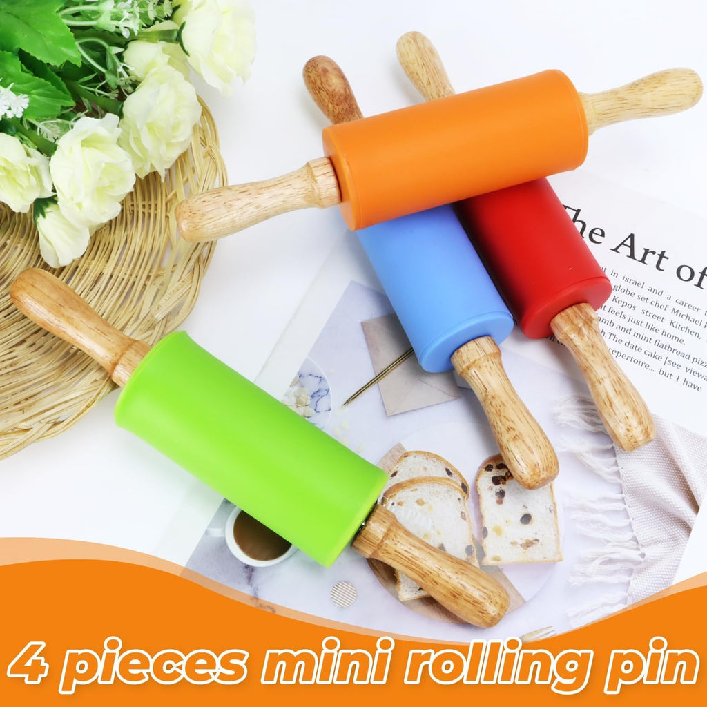 Faxco 4 Pack Mini Rolling Pin for Kids 9 Inch, Non-Stick Wooden Handle