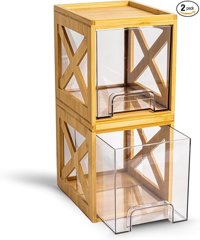 Bamboo Snack & Pantry kitchen Organizer – 2 Pack Bamboo Stackable Storage Drawers – Pull Out Storage for Cookies, Spices, Coffee Pods & K Cups – Clear Acrylic Drawer for Countertop Use