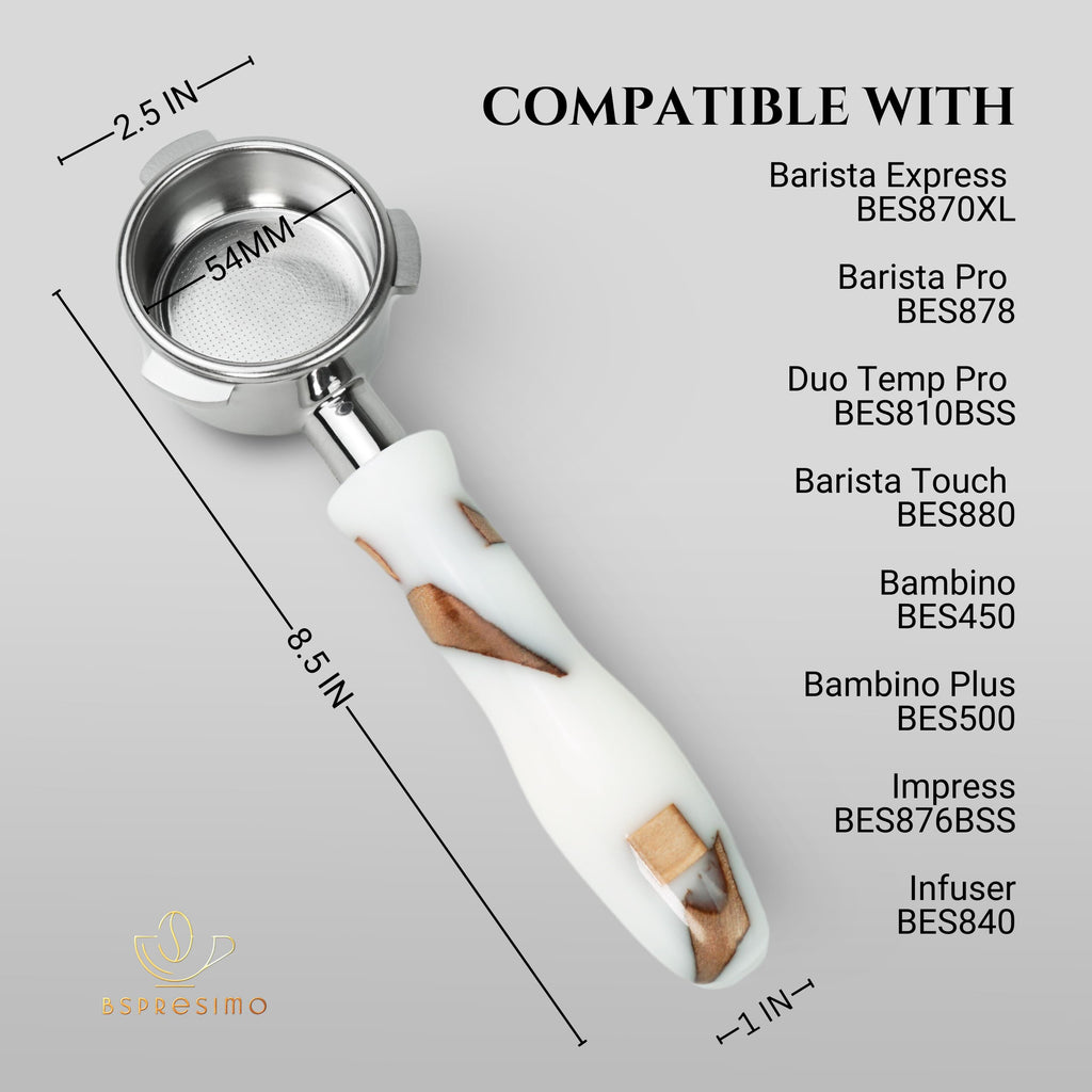 Bspresimo 54mm Bottomless Portafilter Modern Handle – Includes Stainless Steel Naked Basket – Fits Breville Barista Express & 54mm Breville Espresso Machines - Espresso Machine Accessories – White
