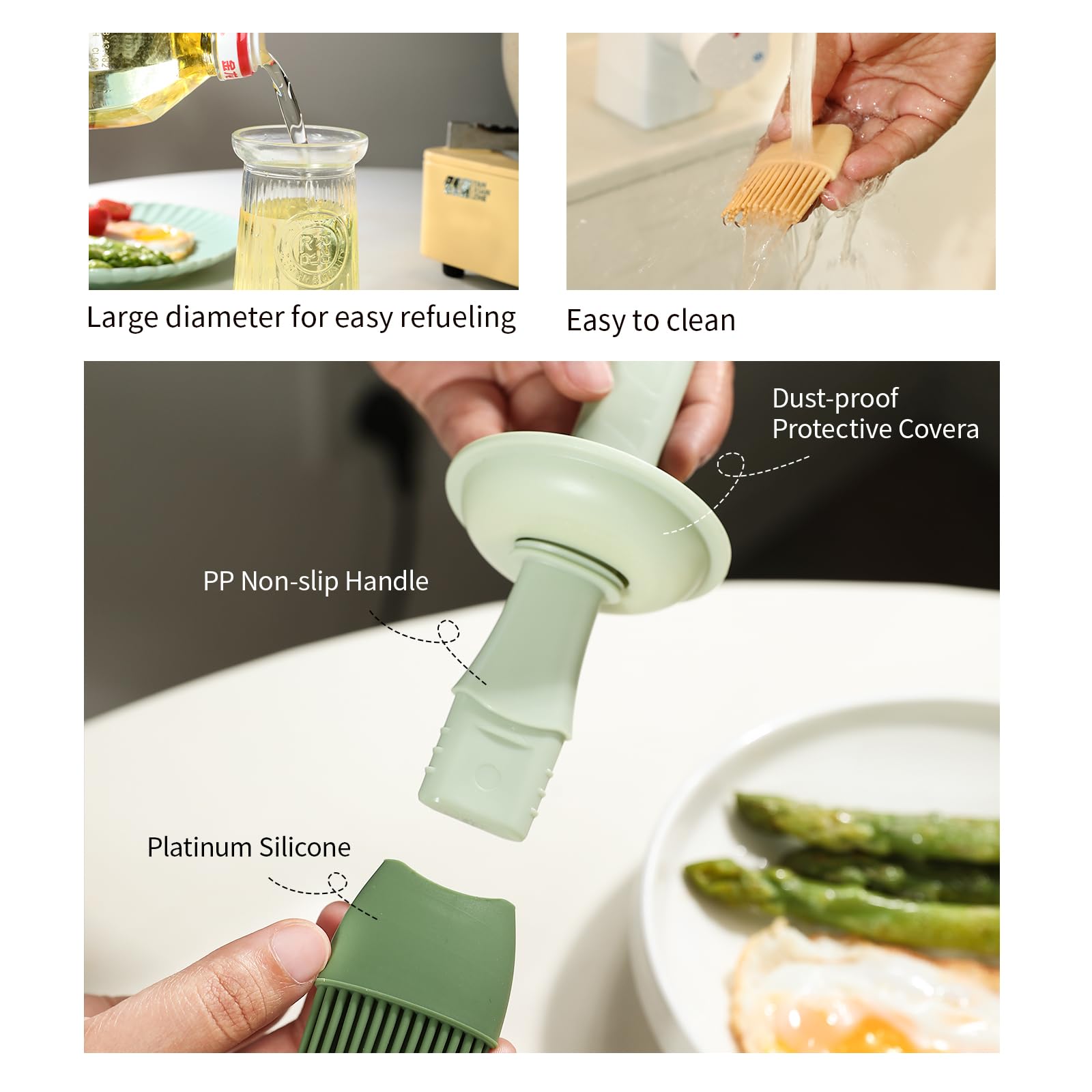 Uteynee Oil Dispenser with Brush - Glass Olive Oil Dispenser for Kitchen, 3 IN 1 Oil Dispenser Bottle with Silicone Basting Brush for Cooking Vinegar Sauce BBQ Grill Frying (Green/White)