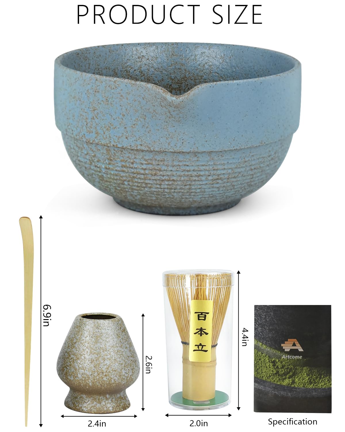 Artcome Premium Matcha Tea Set - 17oz Handcrafted Ceramic Bowl with Blue Reactive Glaze, Bamboo Whisk, Scoop, Whisk Holder & Brewing Guide - Japanese Tea Ceremony Tools for Perfect Matcha Preparation