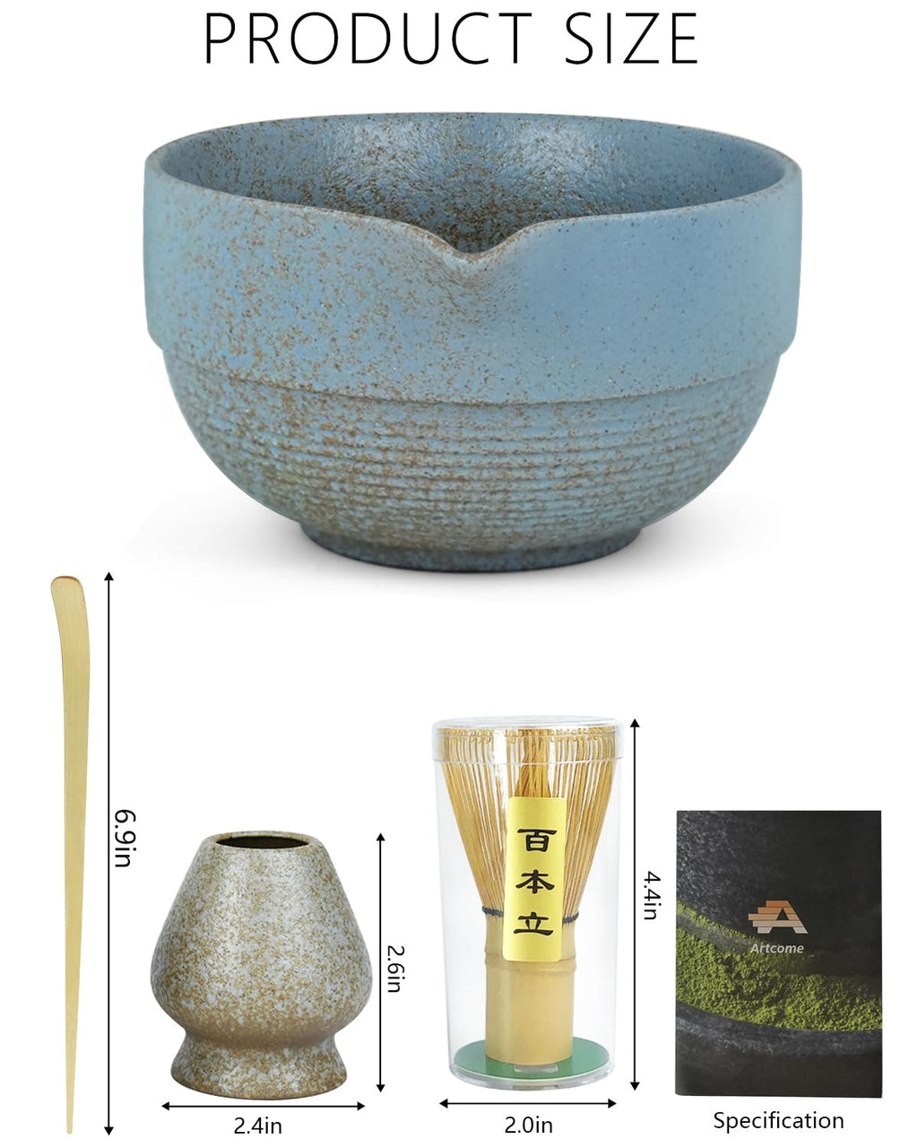 Artcome Premium Matcha Tea Set - 17oz Handcrafted Ceramic Bowl with Blue Reactive Glaze, Bamboo Whisk, Scoop, Whisk Holder & Brewing Guide - Japanese Tea Ceremony Tools for Perfect Matcha Preparation