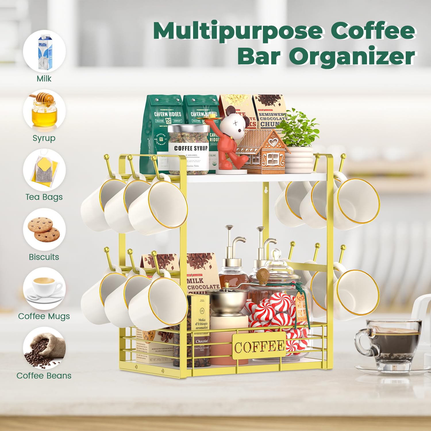 EsLuker.ly Coffee Mug Cup Holder Tree Bar Station Organizer, 2 Tier Gold
