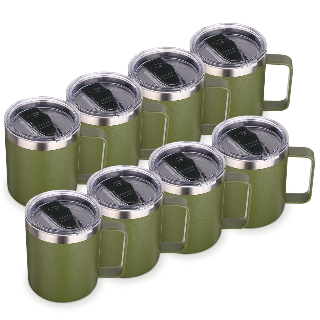 Volhoply 14oz Insulated Stainless Steel Coffee Mug with Lid Bulk 8 Pack,Double Wall Vacuum Travel Coffee Cup with Handle,Reusable Cups Tumbler,Camping Mugs Keep Hot, Ideal Gifts(Army Green,8)