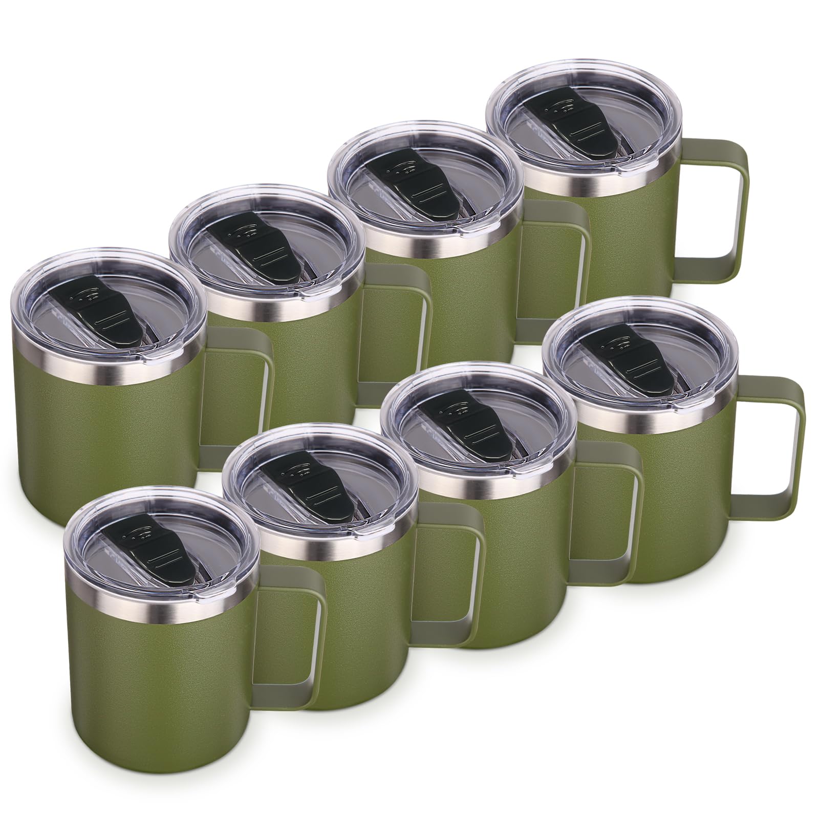 Volhoply 14oz Insulated Stainless Steel Coffee Mug with Lid Bulk 8 Pack,Double Wall Vacuum Travel Coffee Cup with Handle,Reusable Cups Tumbler,Camping Mugs Keep Hot, Ideal Gifts(Army Green,8)