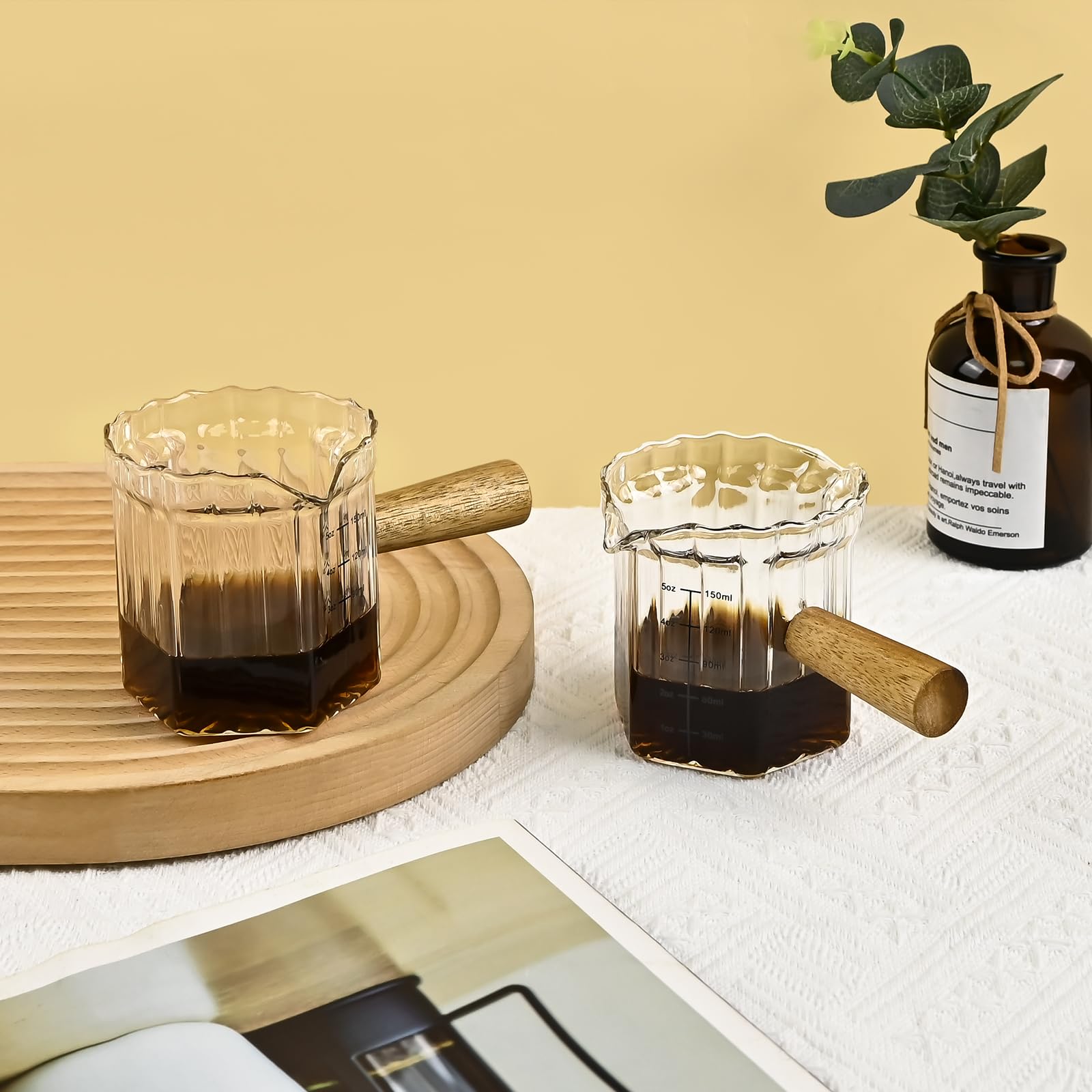 Denovin Glass Measuring Cup, 5oz Espresso Shot Glass with Wood Handle