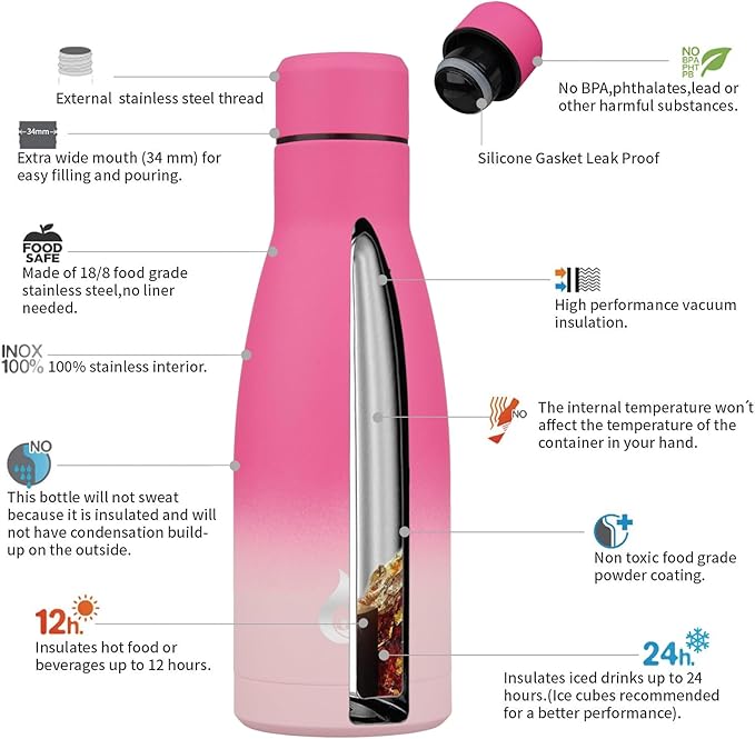 BJPKPK Insulated Water Bottle 12oz Small Stainless Steel Water Bottles Reusable Metal Thermos Keep Cold and Hot,Cherry