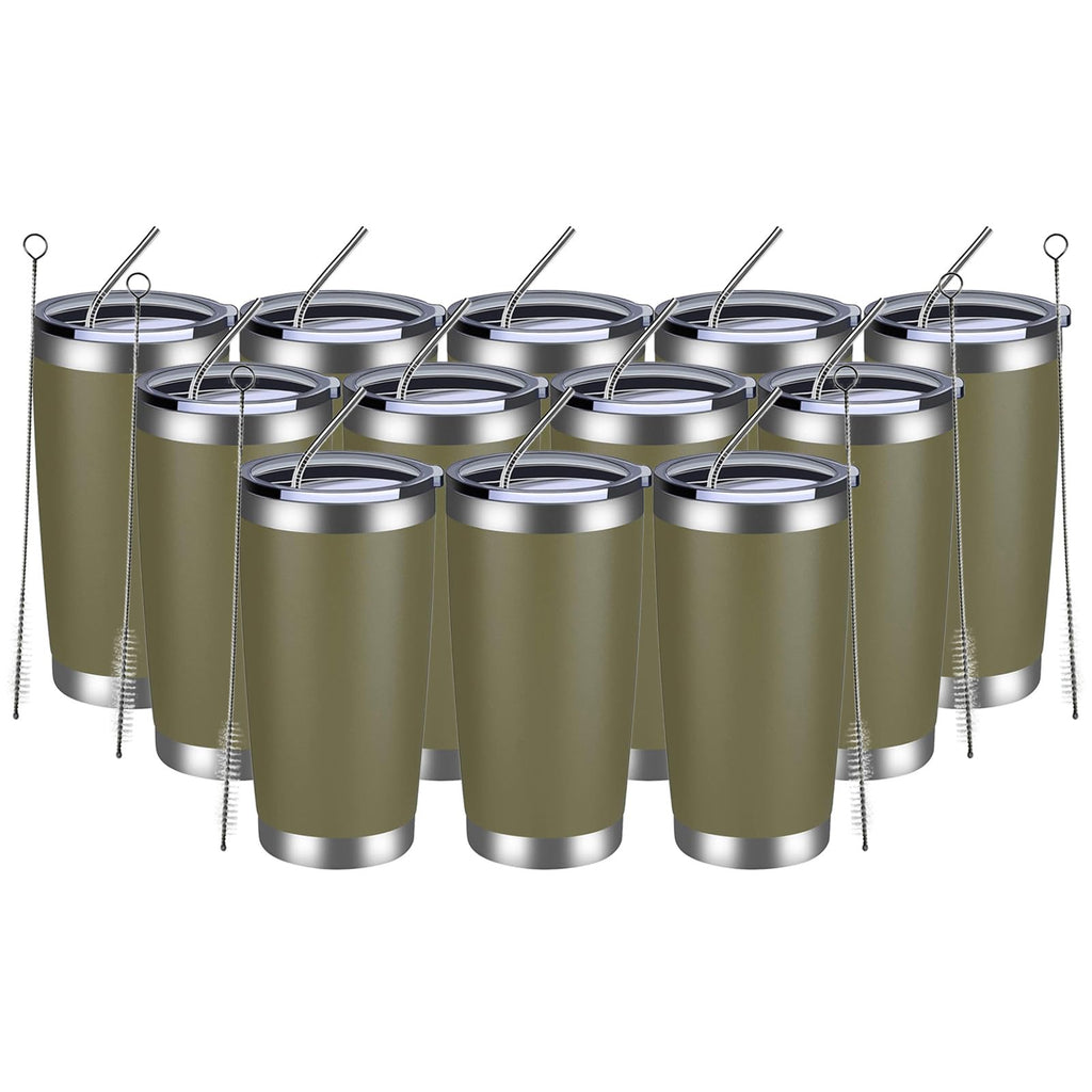 MEWAY 20oz Tumbler 12 Pack Double Wall Vacuum Insulated Travel Mug Bulk, Stainless Steel Tumblers with Lid and Straw, Durable Powder Coated Coffee Cups for Cold & Hot Drinks (Army Green, 12)