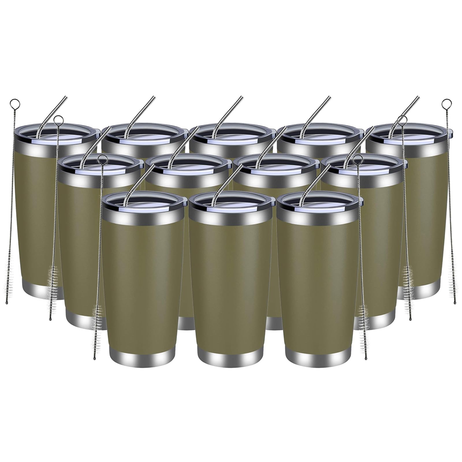 MEWAY 20oz Tumbler 12 Pack Double Wall Vacuum Insulated Travel Mug Bulk, Stainless Steel Tumblers with Lid and Straw, Durable Powder Coated Coffee Cups for Cold & Hot Drinks (Army Green, 12)