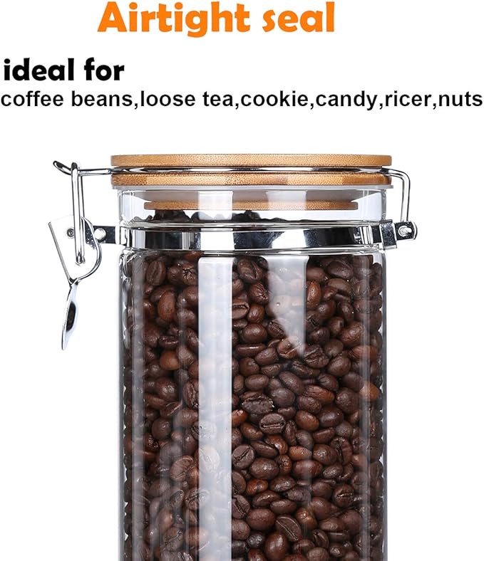 KKC HOME ACCENTS Glass Food Storage Jars with Airtight Locking Clamp Bamboo Lids,Coffee Bean Storage Containers,Sealed Glass Container with Scoop for Coffee Ground,Tea,Nut,Sugar,Coffee Holder