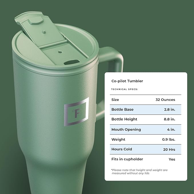 IRON °FLASK Co-Pilot Insulated Mug w/Straw & Flip Cap Lids - Cup Holder Bottle for Hot, Cold Drink - Leak-Proof - Water, Coffee Portable Travel Mug - Sage, 32 Oz