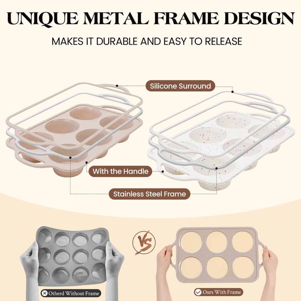 Vinino 2Pack Jumbo Silicone Muffin Pans for Baking with Metal Reinforced Frame, 6 Cups Large Size Nonstick Silicone Cupcake Pan, BPA Free Oven Dishwasher Safe Baking Mold for Muffins Cupcakes
