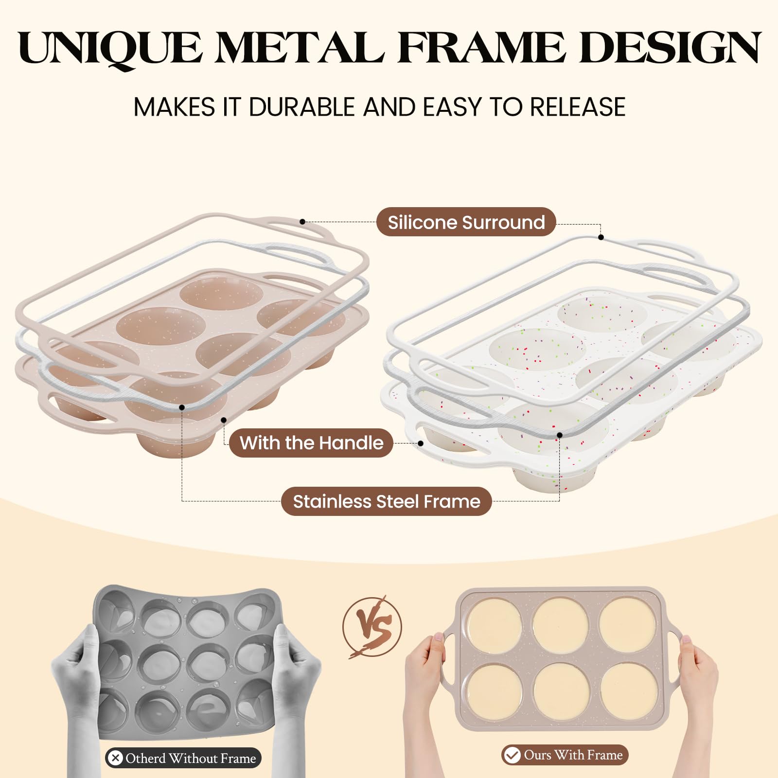 Vinino 2Pack Jumbo Silicone Muffin Pans for Baking with Metal Reinforced Frame, 6 Cups Large Size Nonstick Silicone Cupcake Pan, BPA Free Oven Dishwasher Safe Baking Mold for Muffins Cupcakes
