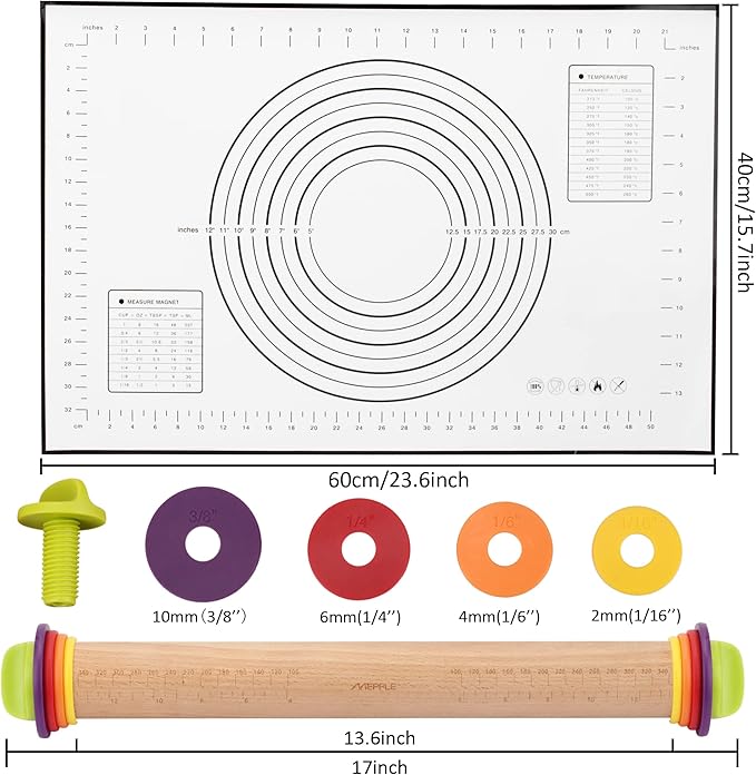 Rolling Pin with Thickness Rings and Pastry Baking Mat, 13.6" Adjustable Wooden Rolling Pin Dough Roller for Baking Cookie Pizza, Comes with Large Silicone Pastry Mat, Kitchen Baking Tools