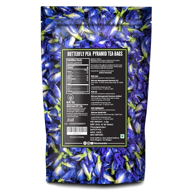 BLUE TEA - Butterfly Pea Flower Tea - 10 Count - Pyramid Plant Based Tea Bag | ANTIOXIDANT RICH | Flower Based - Detox Tea - Herbal Tea - Caffeine Free - Non-Bitter | Zipper Pack