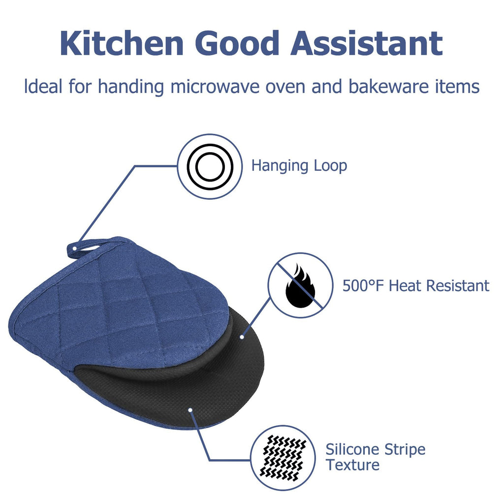 Short Oven Mitts, Heat Resistant 500°F, Silicone Grip Kitchen Gloves, Non-Slip for Baking, Grilling, BBQ, Machine Washable with Hanging Loop, 2-Pack Set, Denim Blue