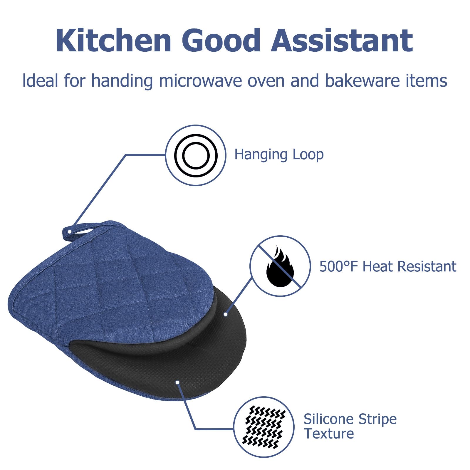 Short Oven Mitts, Heat Resistant 500°F, Silicone Grip Kitchen Gloves, Non-Slip for Baking, Grilling, BBQ, Machine Washable with Hanging Loop, 2-Pack Set, Denim Blue