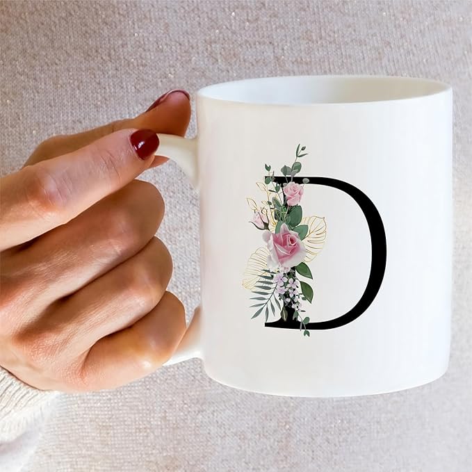 Retreez Initial A-Z Floral Botanical Bouquet Alphabet Monogrammed Monogram Mug 11 Oz Ceramic Tea Coffee Mugs - Appreciation Thank You Wedding Birthday Gifts for her friend coworker sister - D Initial