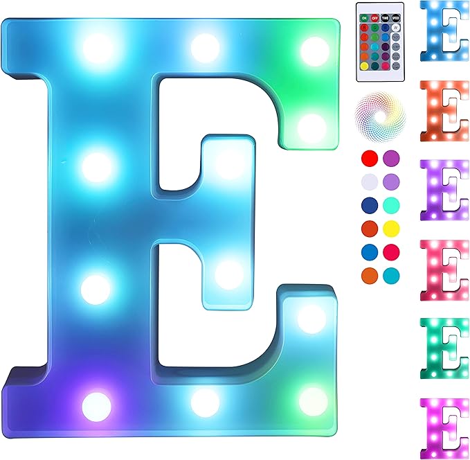 Foaky Colorful LED Letter Lights with Remote,Marquee Light Up Letters Sign for Night Light Wedding/Birthday Party Battery Powered Christmas Lamp Home Bar Decoration(E)