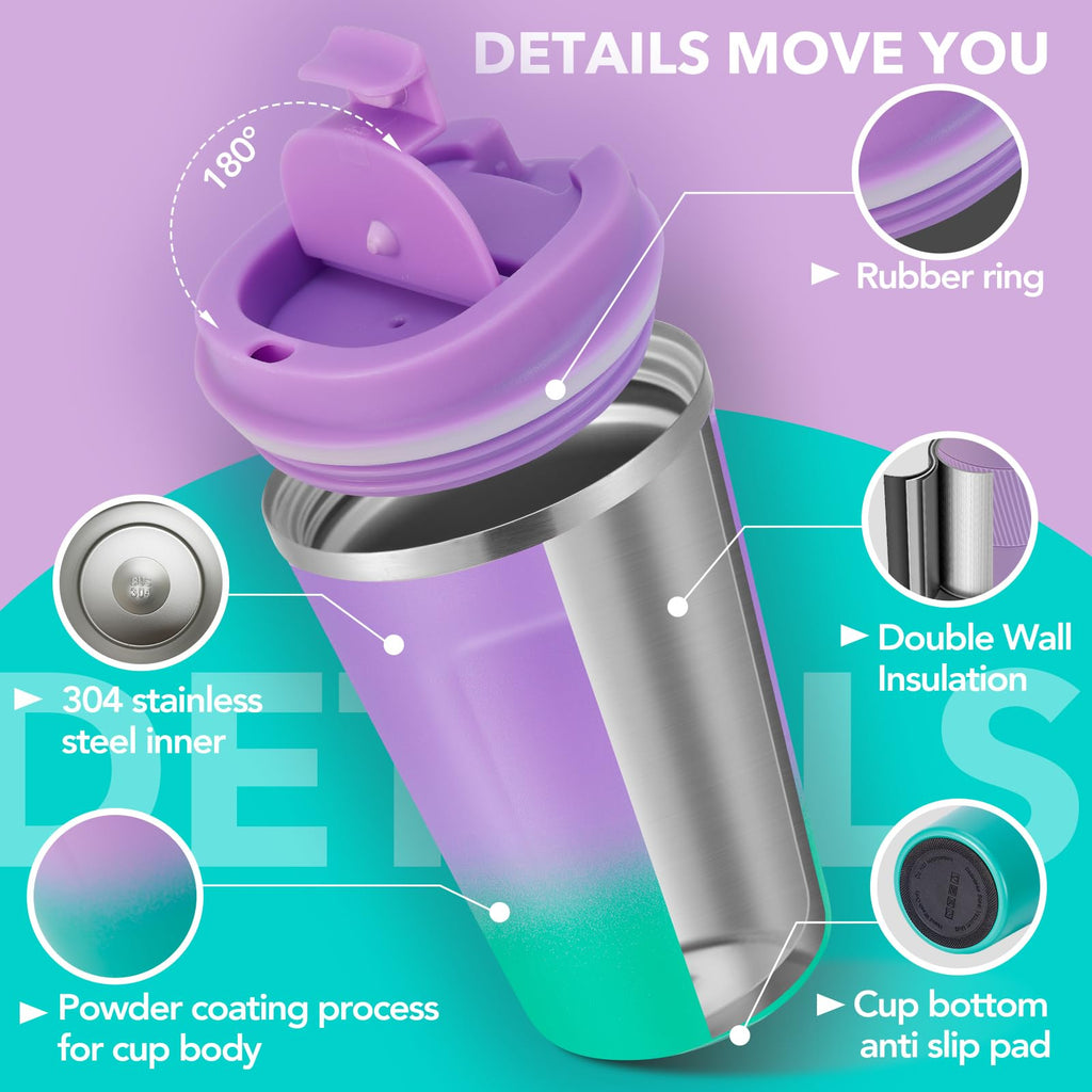 Volhoply 12 oz Double Wall Insulated Vacuum Travel Coffee Mug with Flip Lid Bulk 4 Pack,Reusable Stainless Steel Leak Proof Coffee Cup,Portable Thermal Tumbler for Hot&Cold Drinks(Purple Green,4 Set)