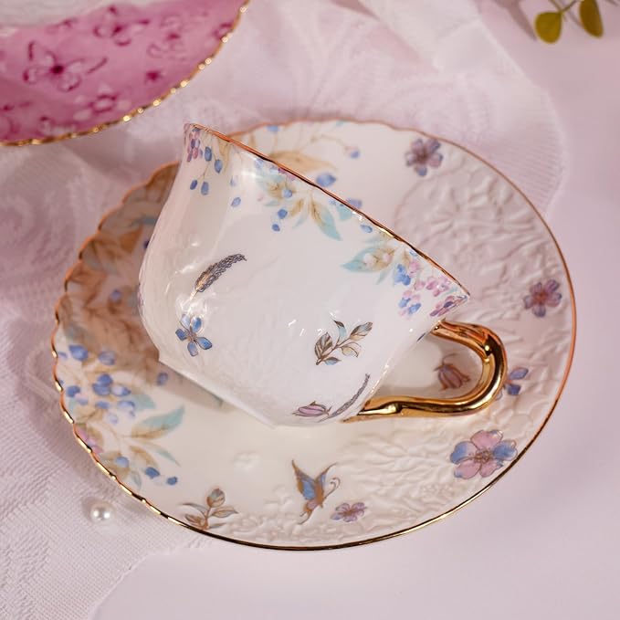 KAMMAK Tea Cups and Saucers Set of 2, Reinforced Porcelain Coffee Cups, 8.5-Ounce Stackable Espresso Mugs, Ceramic Demitasse for Coffee, Cappuccino, Latte, Americano, Tea, Colorful + Butterfly