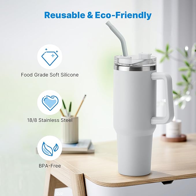 Metal Straw with Silicone Tip for 40oz Stanley Cup, 2 Pcs Stainless Steel Straws Replacement for Stanley 40 oz Adventure Quencher Travel Tumbler Cup, 1 Straw Brush (Light Gray)