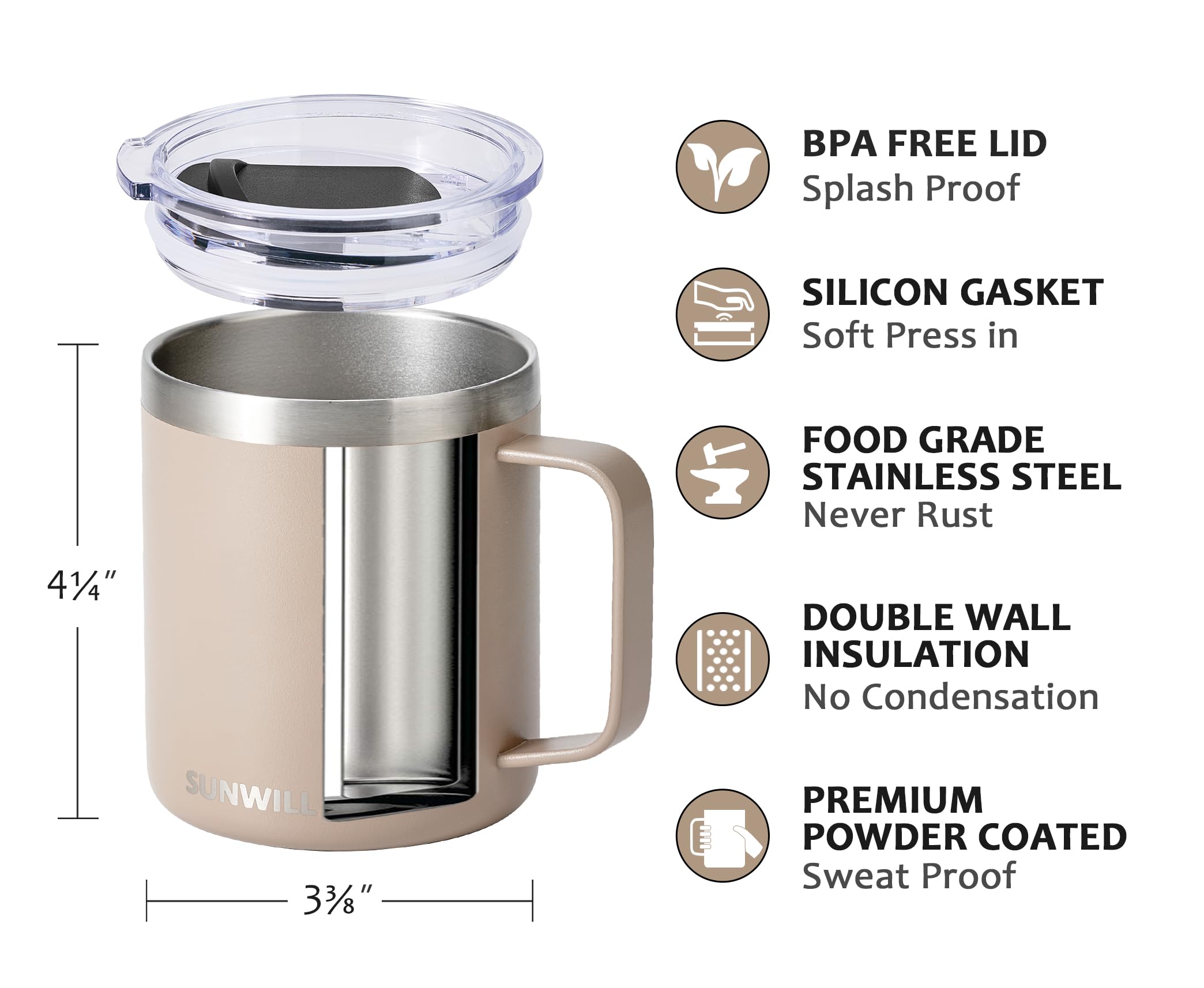 SUNWILL Travel Coffee Mug Set of 2, Insulated Tumbler with Lid, 14oz Stainless Steel Cup with Handle for Camping, Office, Home, Powder Coated Cream & Taupe