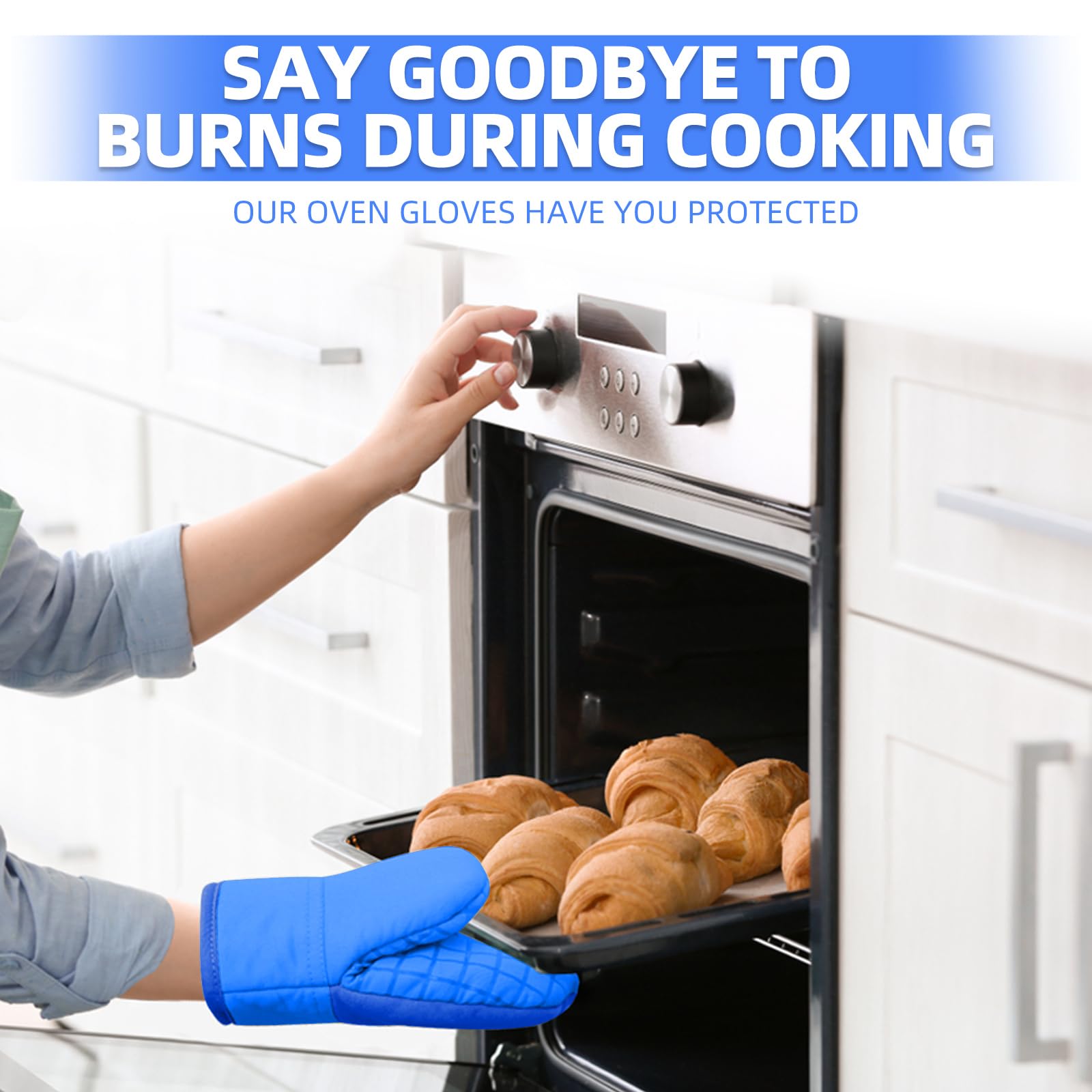 Mini Oven Mitts, Kitchen Oven Gloves Kitchen Mittens 500 Degrees Heat Resistant Baking Gloves, Non-Slip Silicone Surface with Hanging Loops Hot Gloves for Cooking, Baking, BBQ 1 Pair-Blue