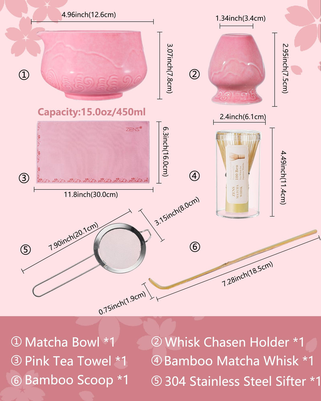 ZENS Premium Matcha Whisk Set, 6pcs Matcha Kit with Matcha Tools, Pink