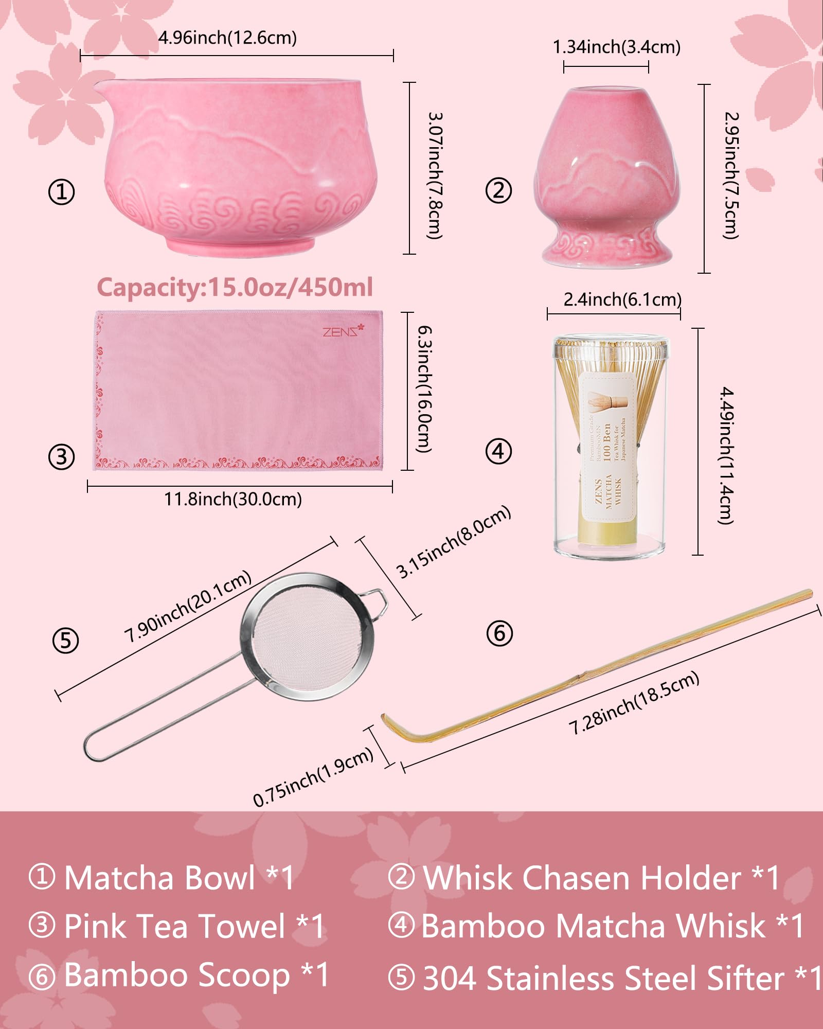 ZENS Premium Matcha Whisk Set, 6pcs Matcha Kit with Matcha Tools, Pink
