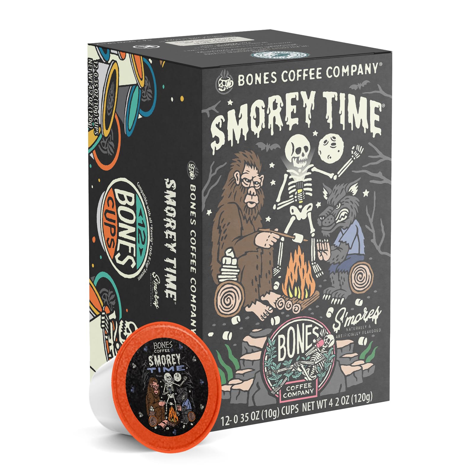 Bones Coffee Company Flavored Coffee Bones Cups S'morey Time S'mores and Graham Crackers | 12ct Single-Serve Coffee Pods Compatible with Keurig 1.0 & 2.0 Keurig Coffee Maker
