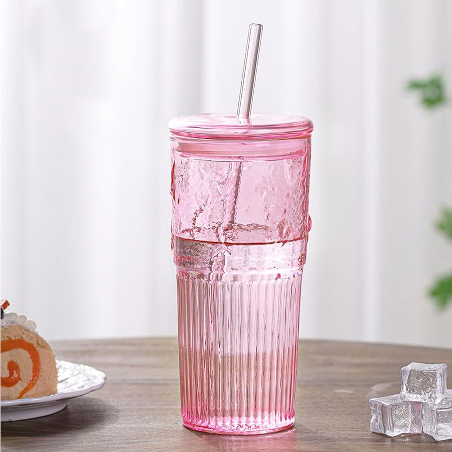 JunVpic Glass Coffee Cups with Lids and Straws, 20 OZ Pink Iced Water Glasses Tumblers for Ice Juice, Tea, Milk, Smoothie and Cold or Hot Drinks, Set of 2