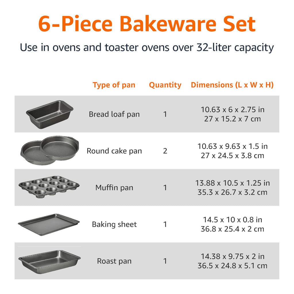 6 Piece Nonstick Carbon Steel Bakeware Set with Cake, Muffin, Cookie, and Loaf Pans, Easy Release, Oven Safe, 16.25 x 11.75 x 6.25 inches