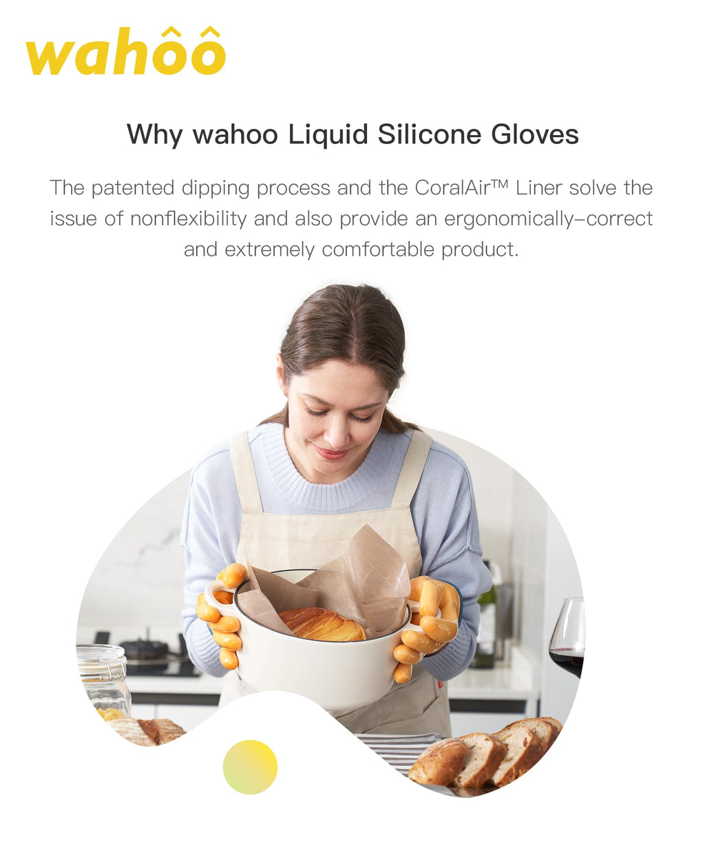 wahoo Professional Liquid Silicone Oven Mitts Gloves, Heat Resistant Gloves for Cooking, Baking, CoralAir Liner, 12 Inch, Yellow, Medium