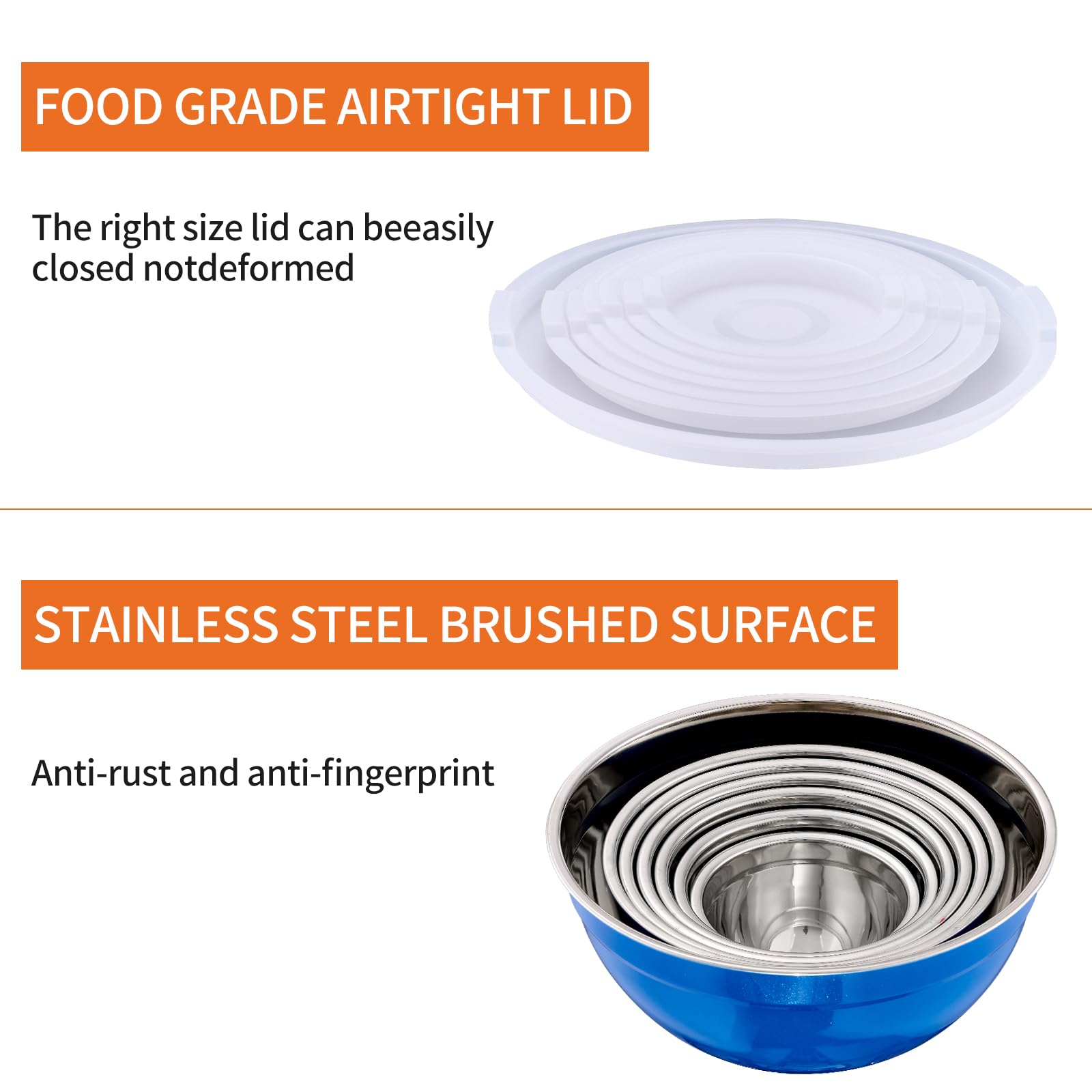 Onlycooker Blue Mixing Bowls With Airtight Lids,Stainless Steel Bowl,Salad Bowls 7 Piece Colorful Nesting Bowl Blue Kitchen Accessories,Size 7,3.6,2.7,2.1,1.5,1.1,0.8QT Stackable Design