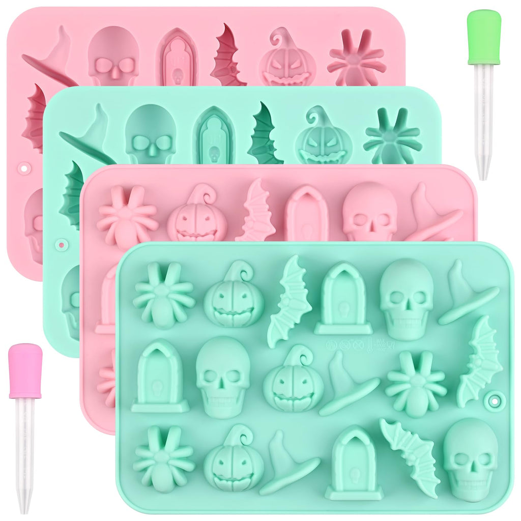 Actvty Halloween Chocolate Silicone Mold, 4 Packs Candy Gummy Molds of 18 Cavity with Skull Pumpkin Ghost Witch Hat Bat Spider Tombstone Shapes for Baking Chocolate Gummy Jelly Dessert