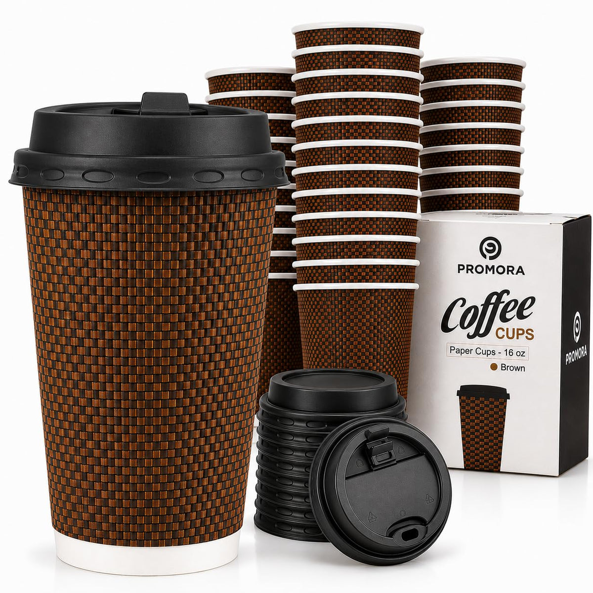 Promora Brown Disposable Coffee Cups With Lids 16 oz, Premium Insulated Paper Ripple Cups for Hot Coffee, Paper Coffee Cup with Lids (80 Pack)