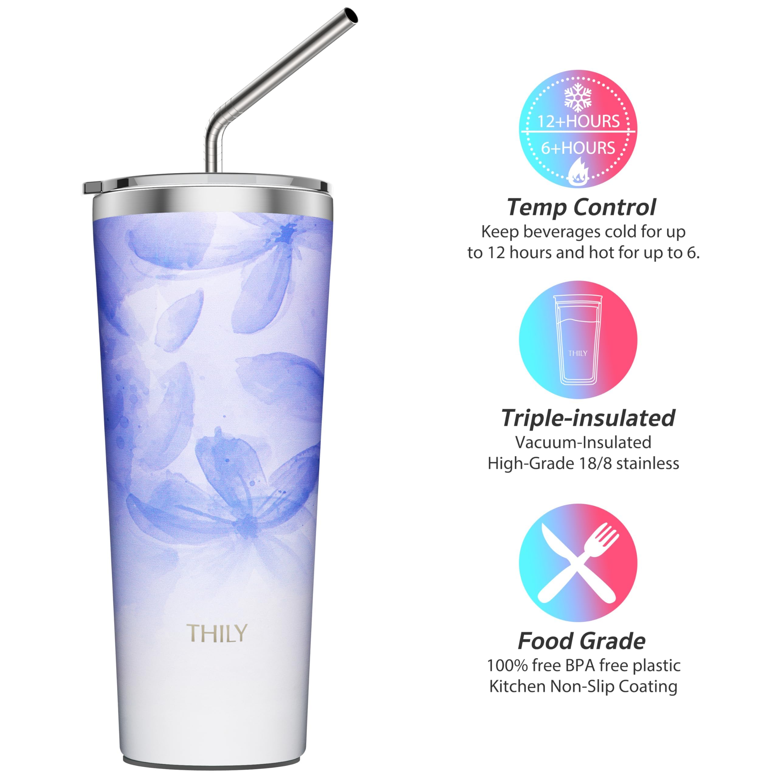 THILY Stainless Steel Vacuum Insulated Tumbler Travel Mug 26 oz Coffee Cup with 2 Lids and Straws, Splash Proof, Keep Ice Drinks Cold, Violet Leaves